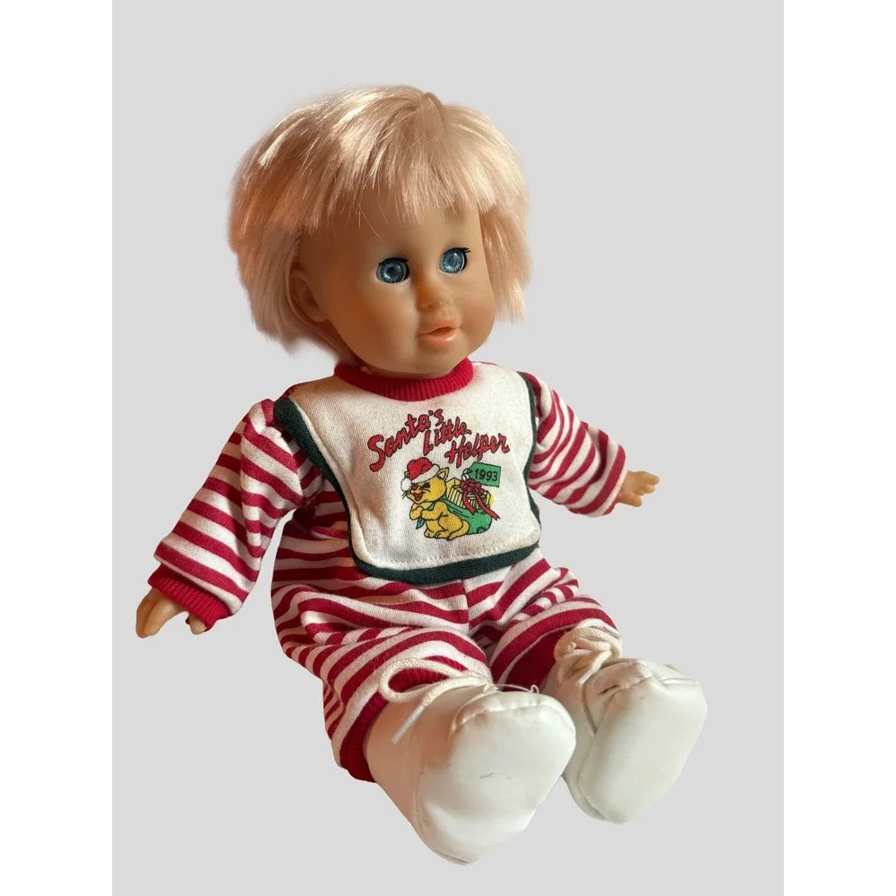 Vintage 1993 Santa's Little Helper Baby Doll Red Striped Sleeper 12 Inch